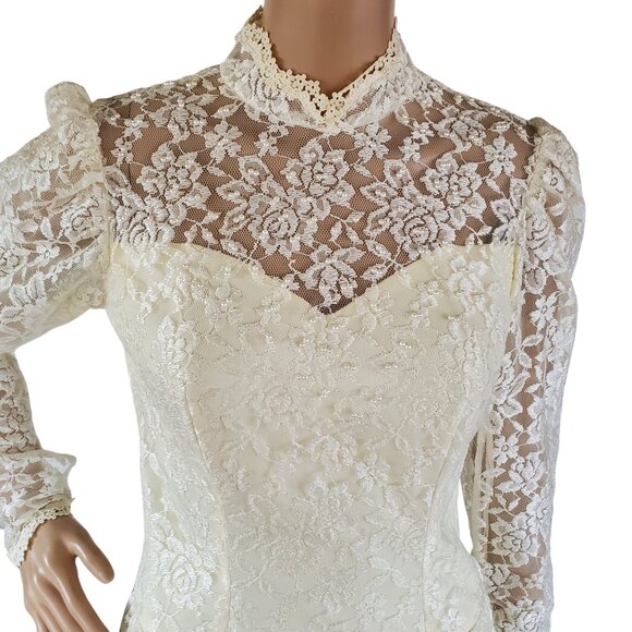 Vintage Victorian Wedding Dress XS Maxi Cream Lace Beads Tulle Lined Zip USA - Picture 11 of 15